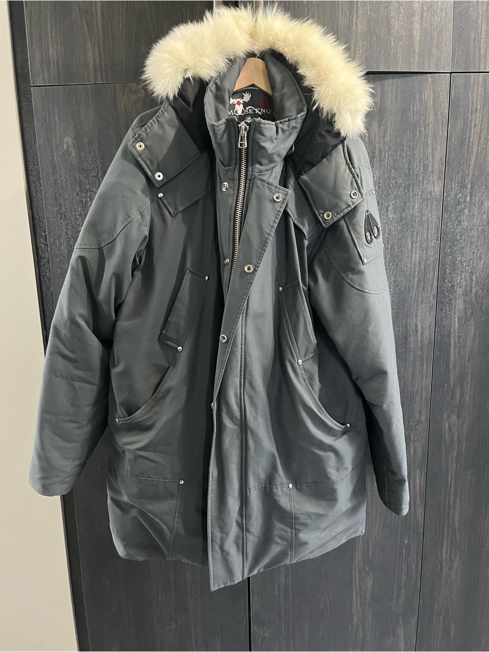 Moose Knuckles Men's Dark Gray Parka with Cream Fur-Trim Hood